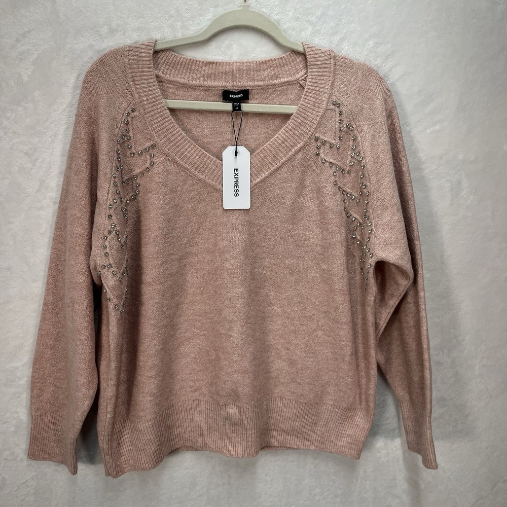 Express Vneck Rhinestone Sweater Womens Medium Pink Fall Winter Cozy NEW